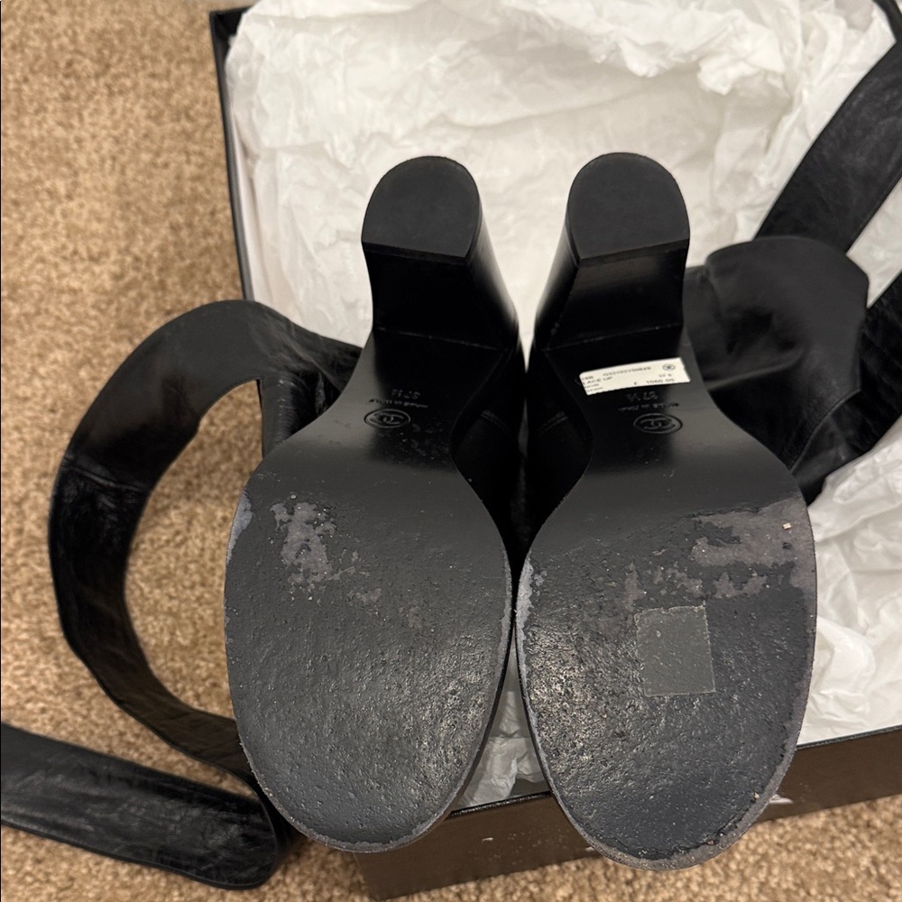 Chanel Lace-Up Ankle Boots Bow Wrap Black Leather Cap Toe Heeled Booties 37.5 - Picture 11 of 12